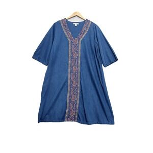 GO SOFTLY Patio House Dress Denim Pockets 3/4 Sleeve Embroidered Mumu Dress Larg
